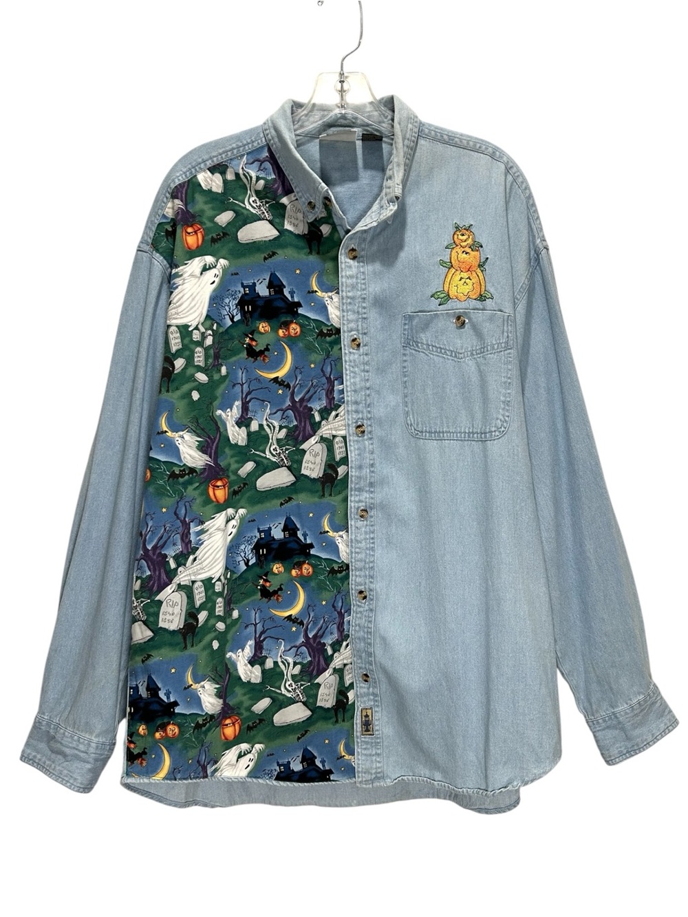 Women’s Blue Denim Cotton Shirt w/ Halloween Scene & Embroidery - Extra Large
